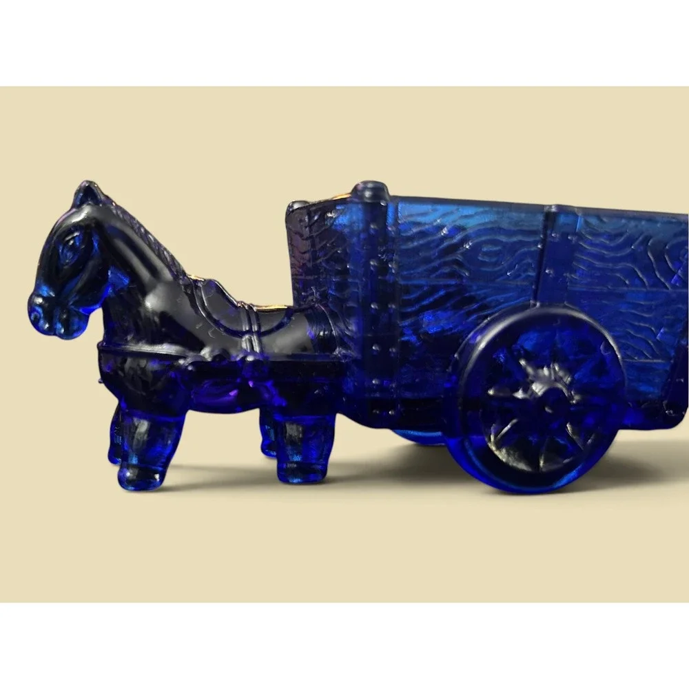 Vintage Jeannette Cobalt Blue Glass Donkey & Wood-Grain Wagon Figurine Rare Mini